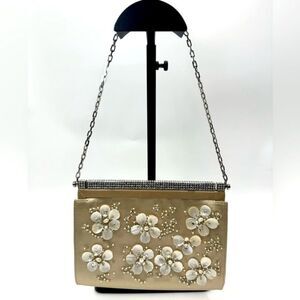 Auth Valentino Silk Floral Embroidered Crystal Framed Clutch Chain Evening Bag
